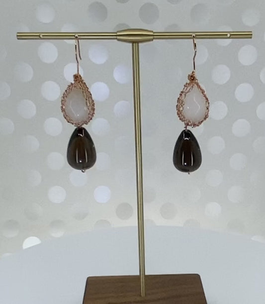 long jade copper brown White smoky quartz medium gemstone Earrings dangle