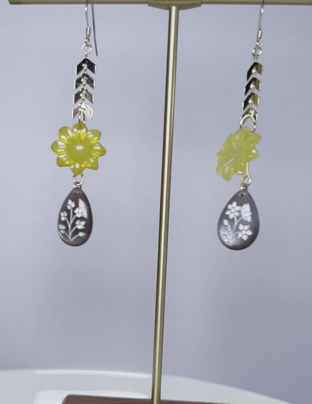 yellow  mother of pearl  citrine  drop  long  Semiprecious  Gold Filled  Gold  gemstone  Earrings