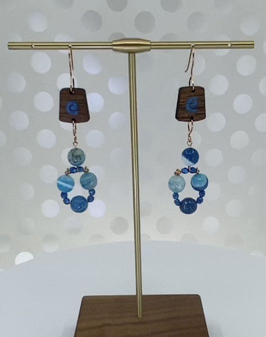 Blue czech glass long agate gemstone Earrings dangle copper brown