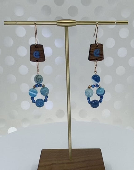 Blue  czech glass  long  agate  gemstone  Earrings  dangle  copper  brown