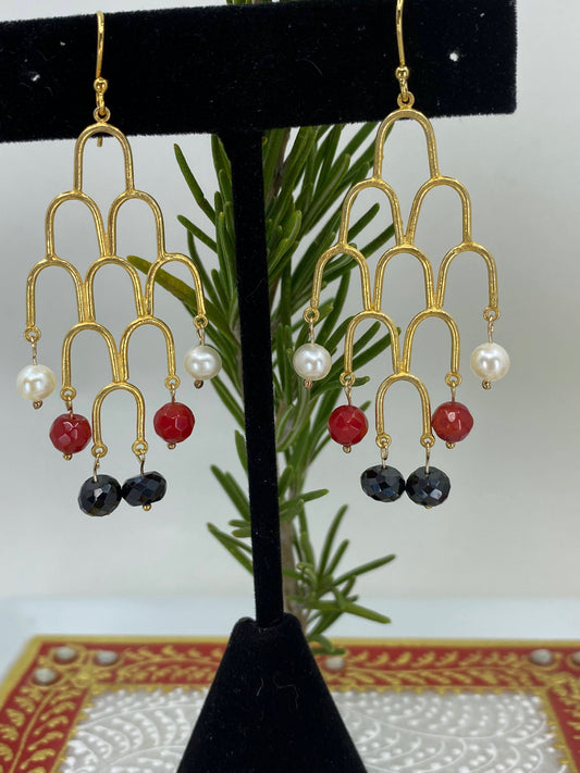 White Vermeil Red Pearl long Gold gemstone Earrings Coral Chandelier Black Spinel Black
