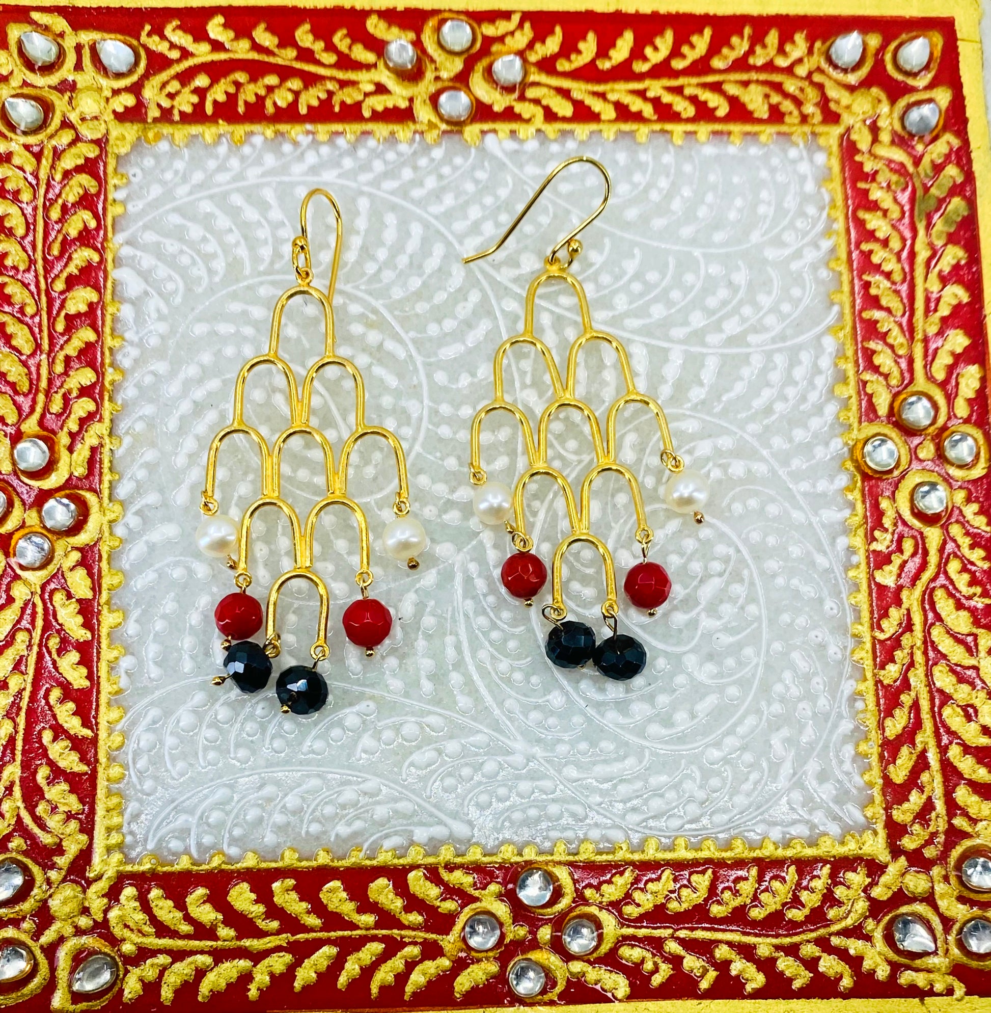 Vermeil  Red Coral White Pearl Black  Spinel Earrings